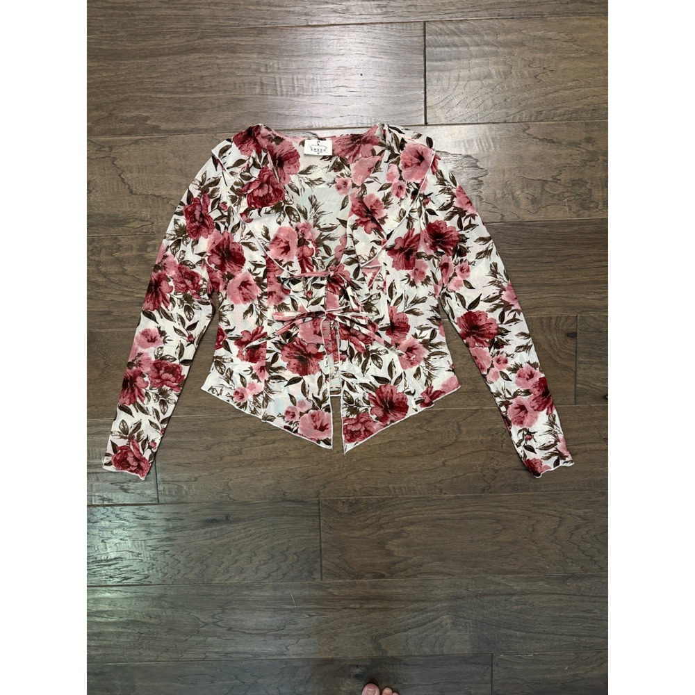 Ember Floral Mesh Tie Front Ruffle Cardigan Waterfall Open Front Cottagecore Med